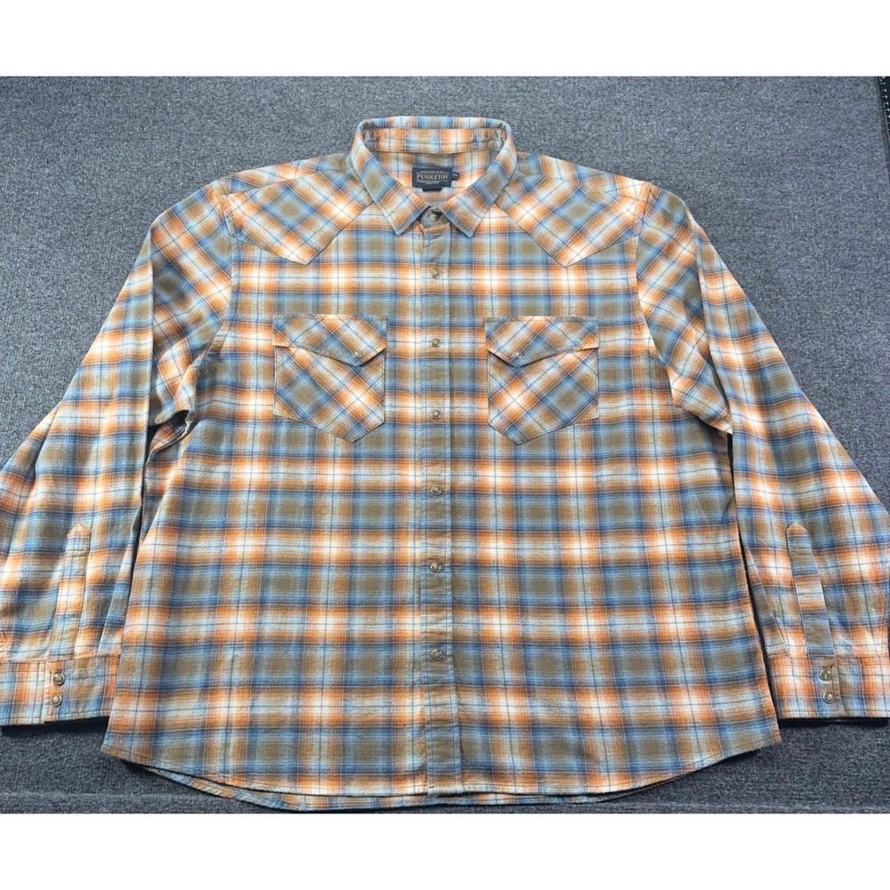 Pendleton Mens XXL Blue Orange Plaid‎ Western Snap Flannel Shirt Long Sleeve